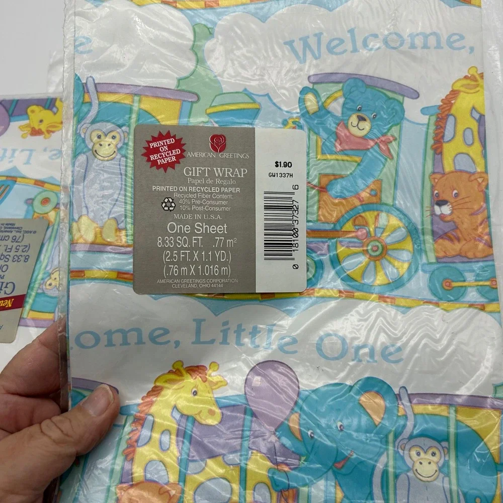 American Greetings Welcome Little One Baby Train Gift Wrap‎ Paper One Sheet x3